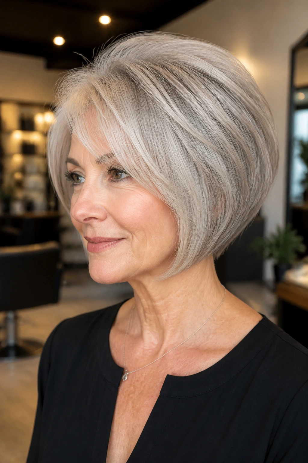 Portrait of woman with stacked bob showing crown lift in salon light