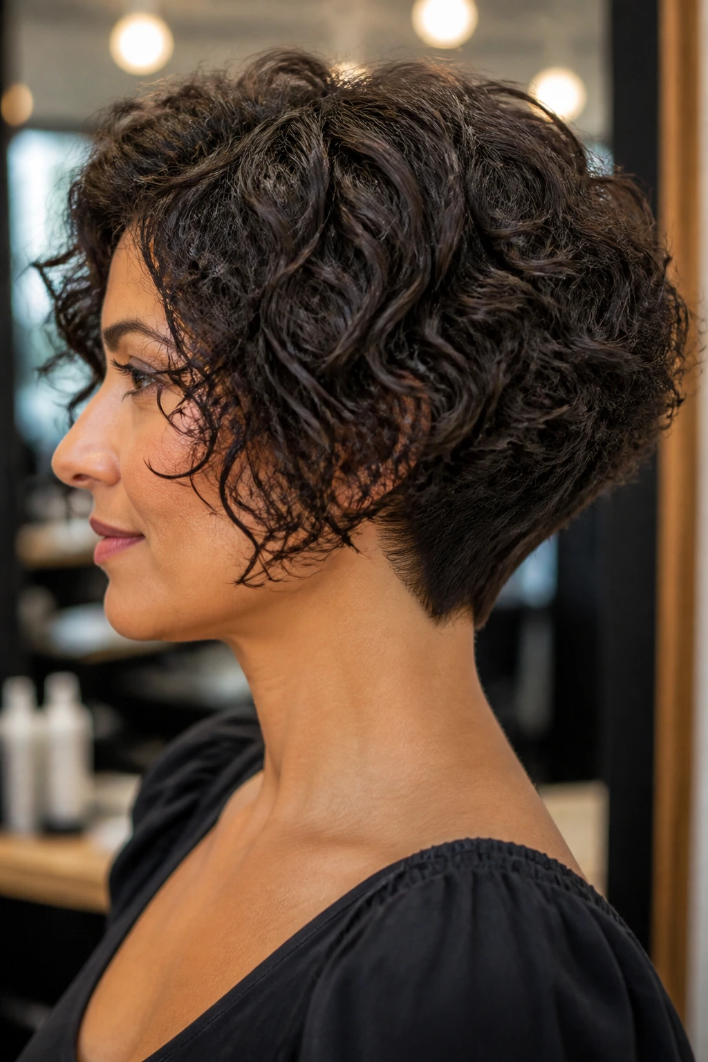 Close-up of a real person with a stacked bob showing tall nape and wide sides