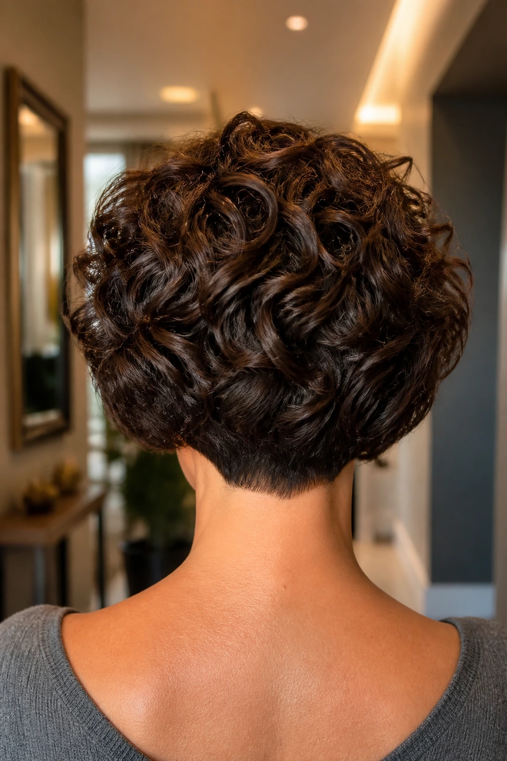 Back-of-head portrait showing stacked bob on a real woman