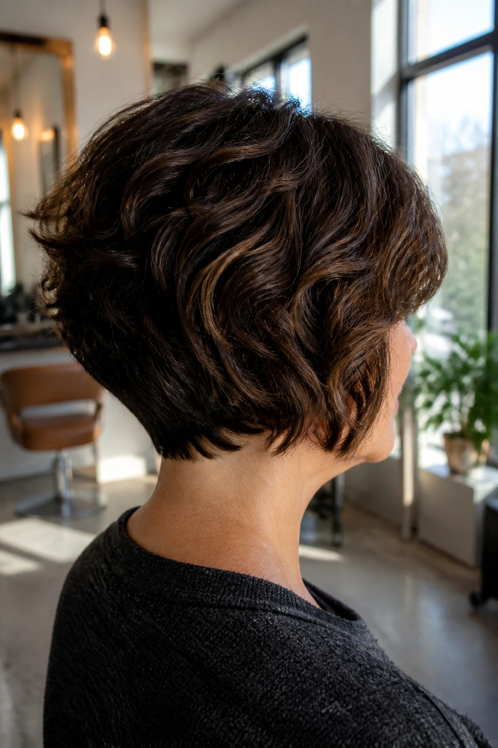 Back-and-side close-up of a real woman with stacked bob and dense waves
