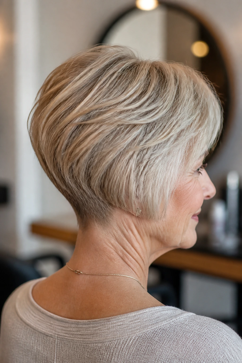 Close-up of a real woman with stacked bob and graduated nape under warm window light