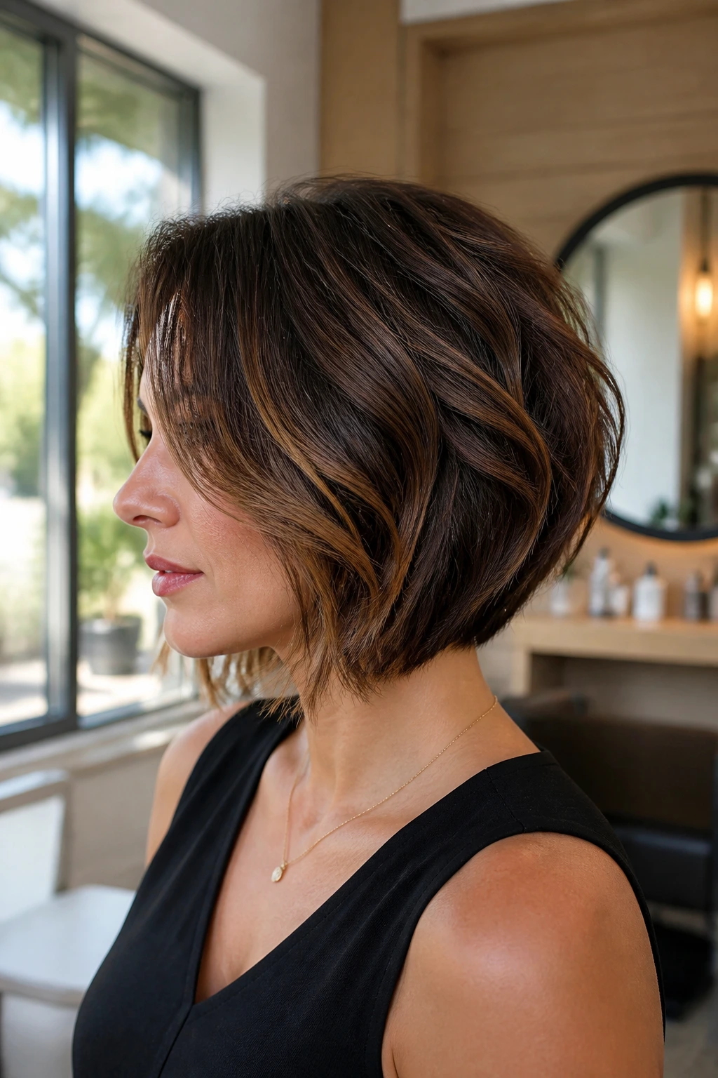 Side-profile of a real woman with a stacked bob and soft graduation, neck hugging back.
