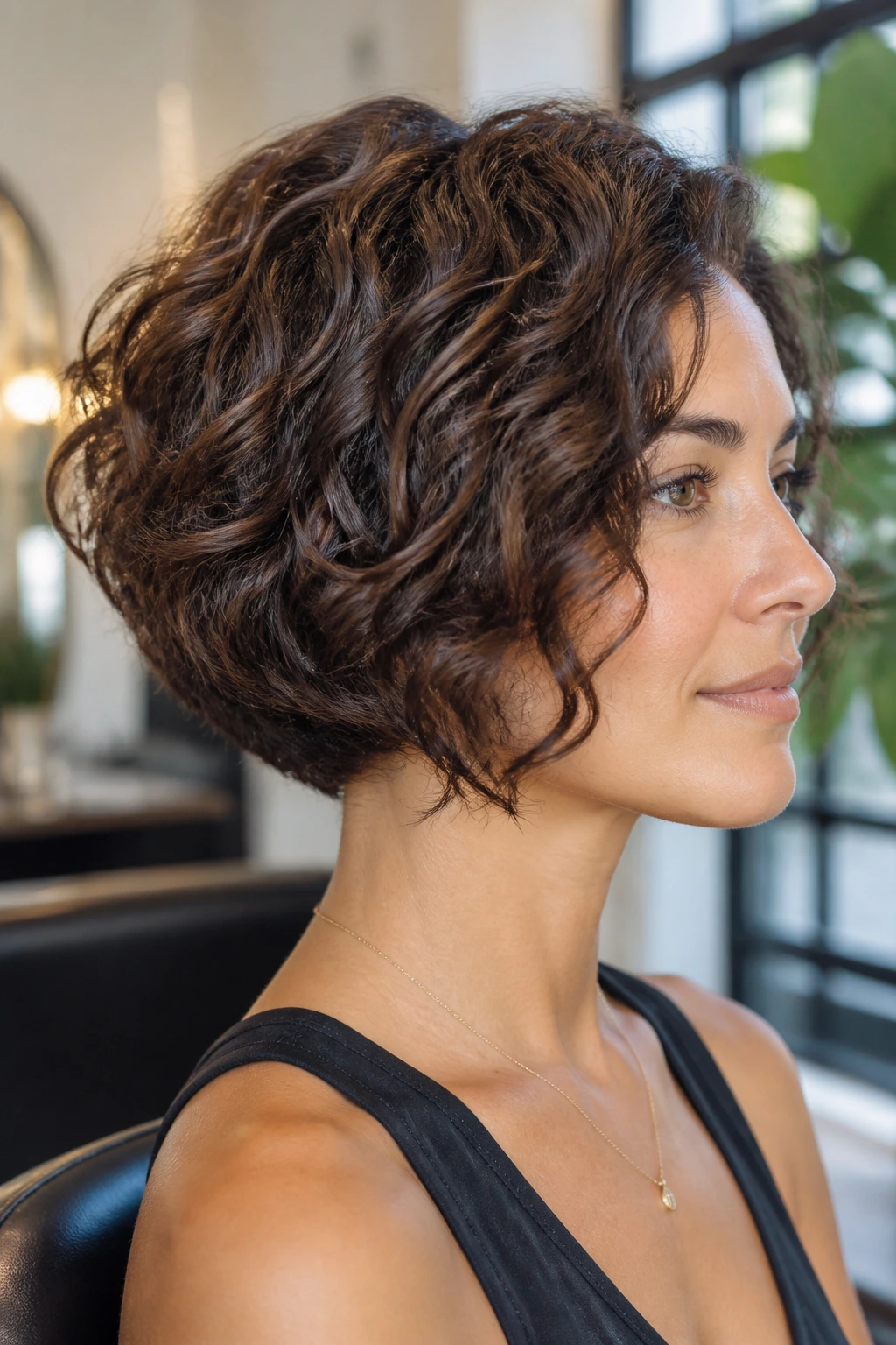 Close-up of a real woman with stacked bob and soft graduation in natural light.