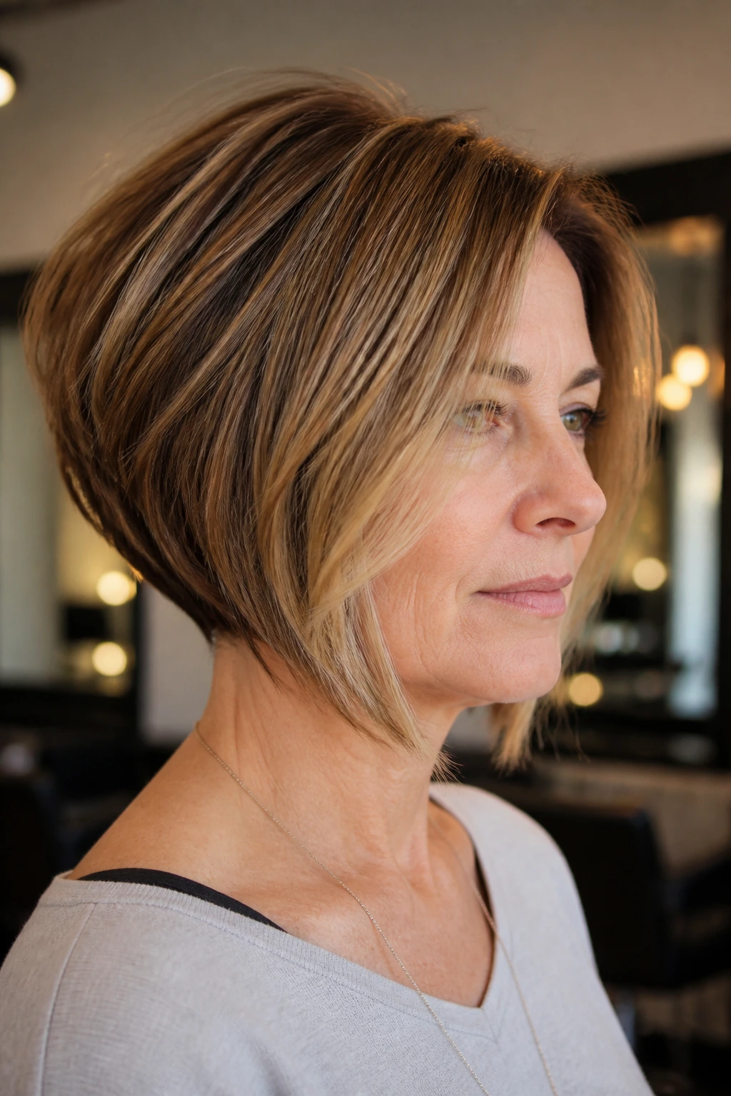 Close-up of a real woman with stacked bob and longer front angles