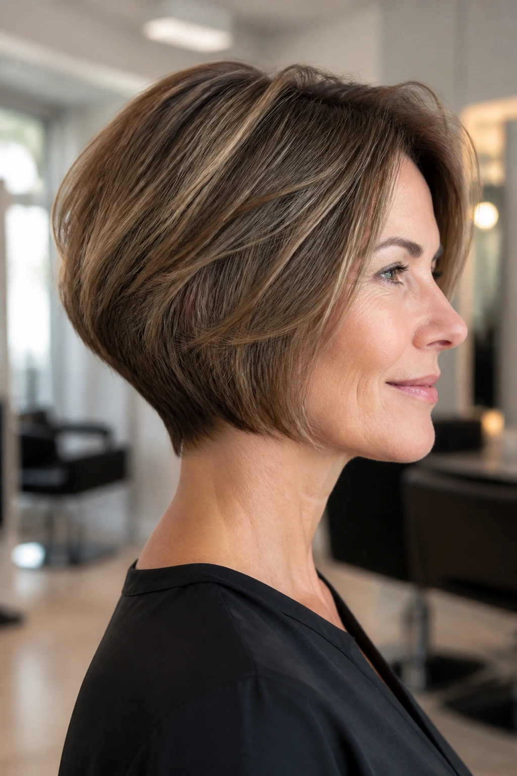 Close-up of a woman with a stacked bob showing lift at the back
