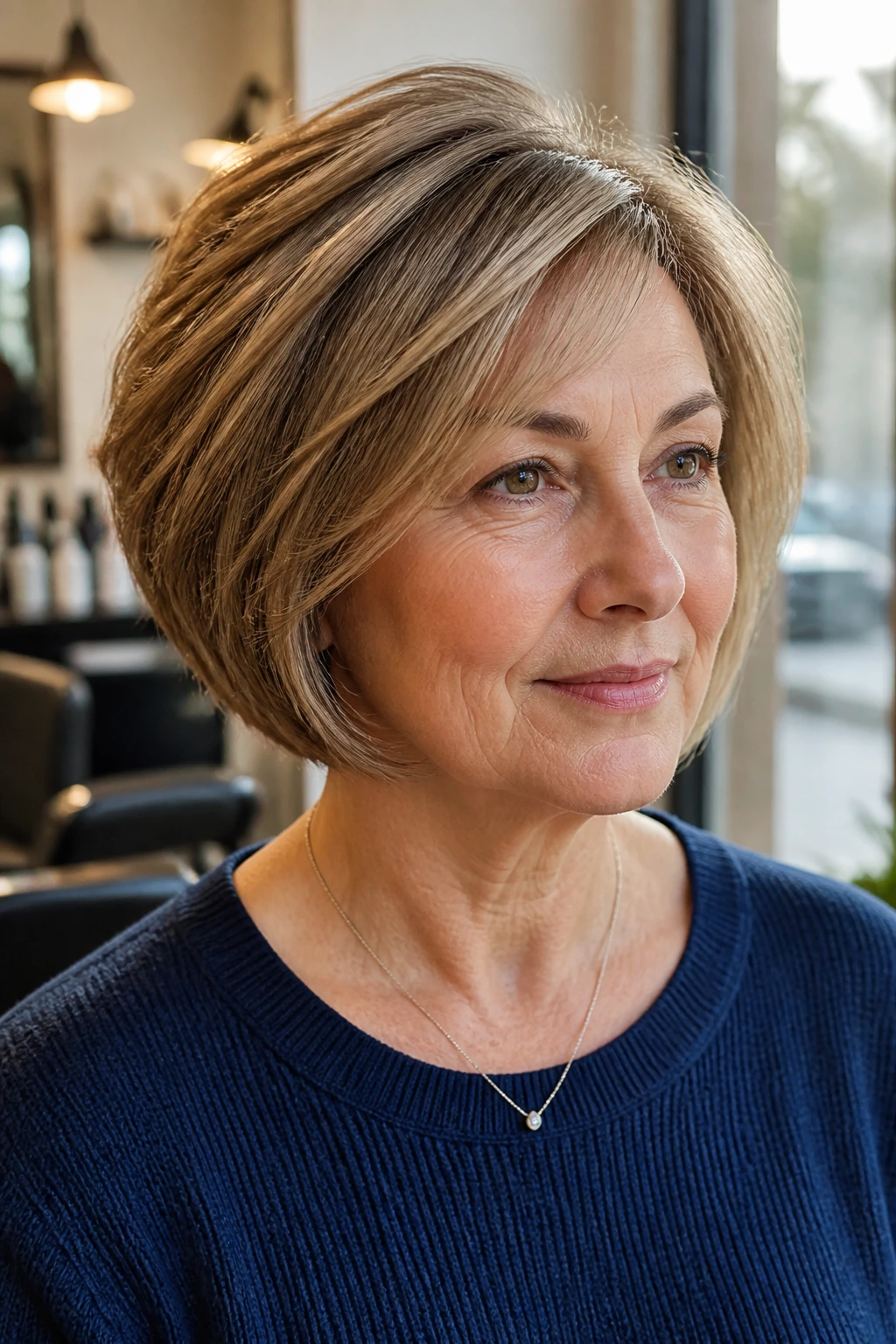 Close-up of a real woman with stacked bob and crown lift, framing the face