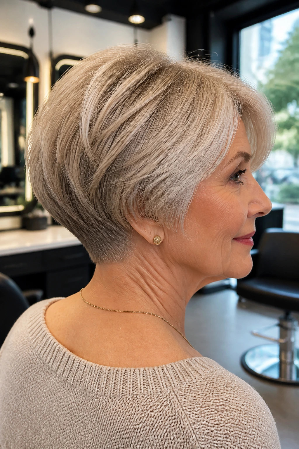 Real woman showing stacked bob with lifted nape from a side/rear view