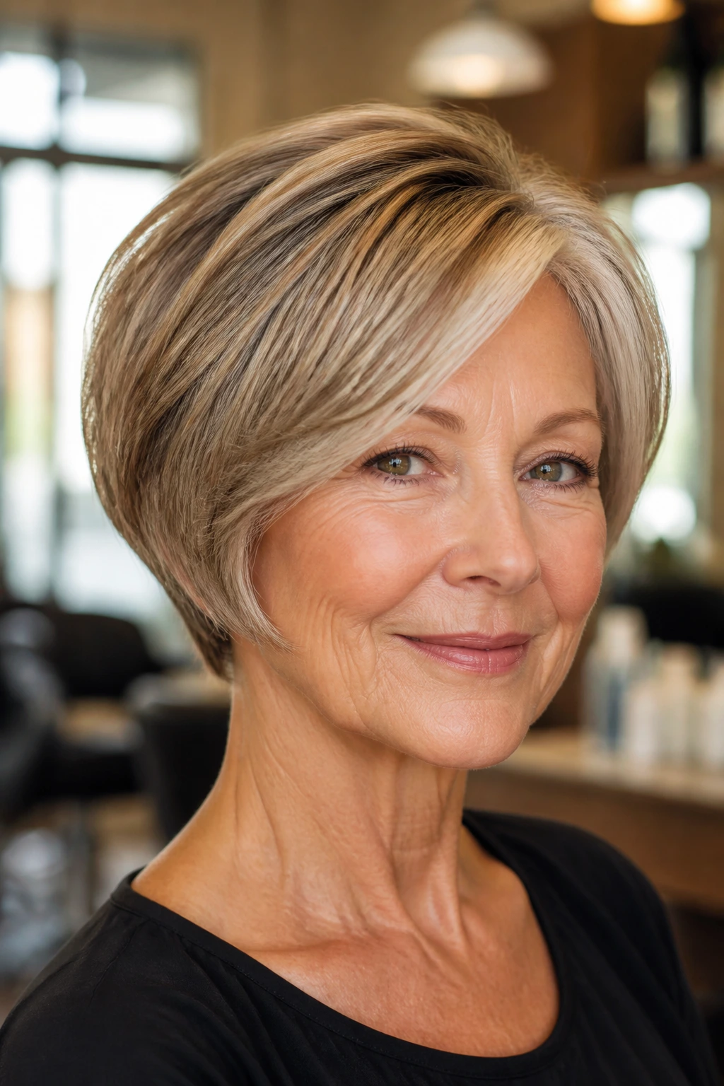 Close-up of a real woman with stacked bob and lifted nape in a warm salon