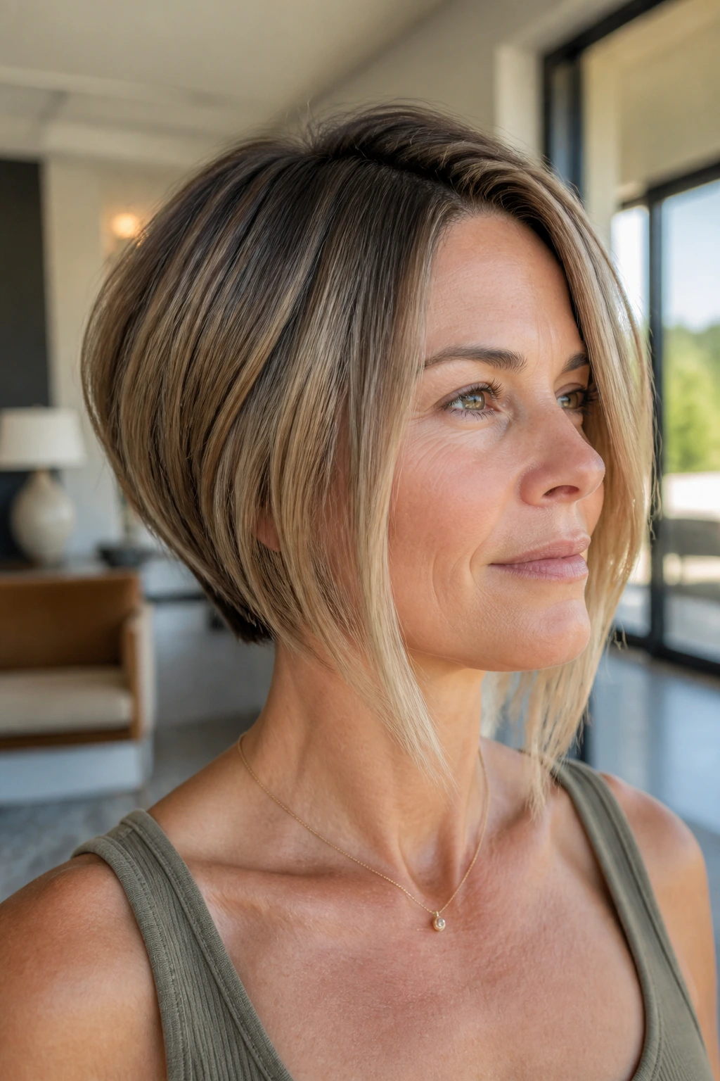 Close-up of a real woman with stacked bob and long front pieces