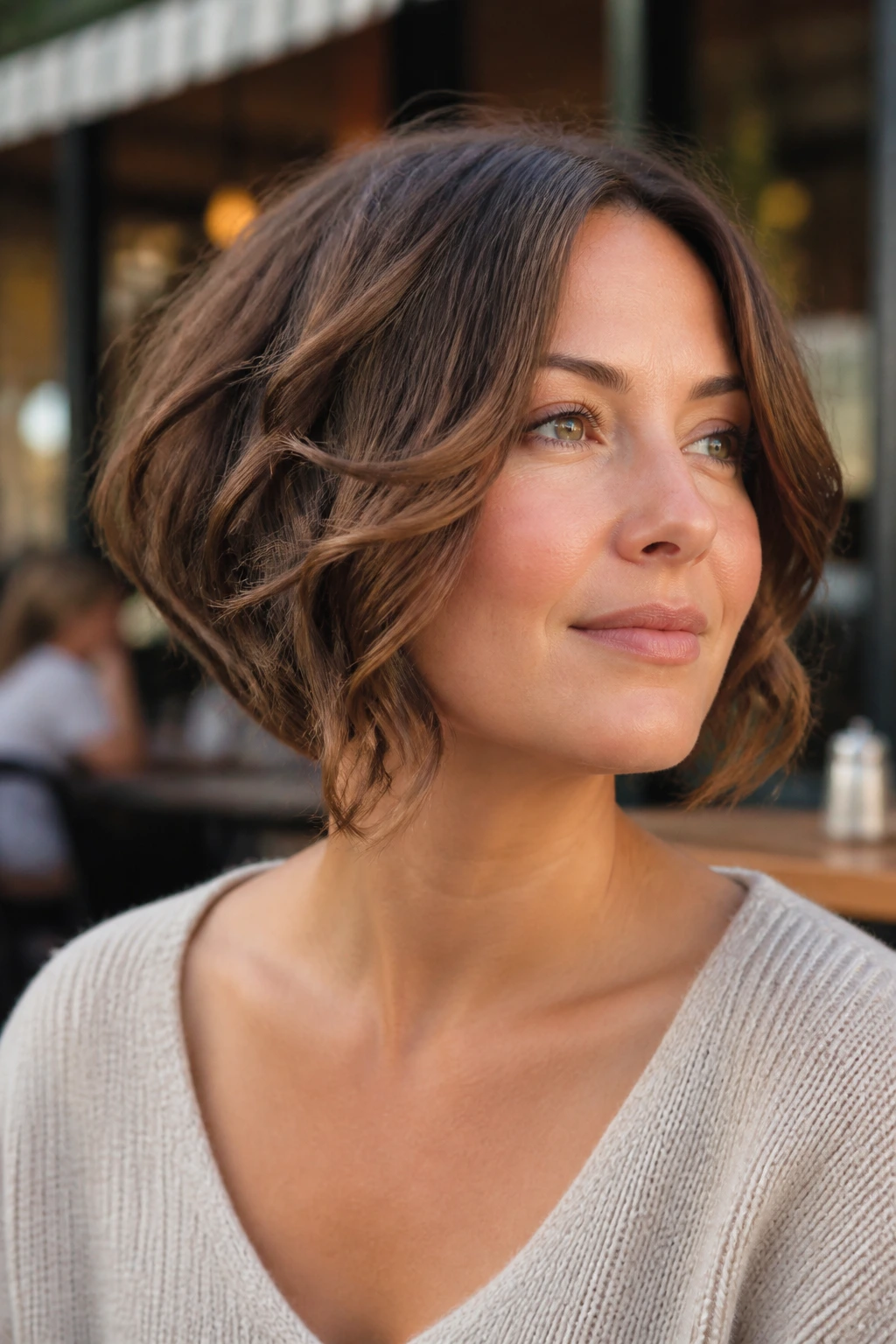 Close-up portrait of a real woman with a stacked bob and loose curls
