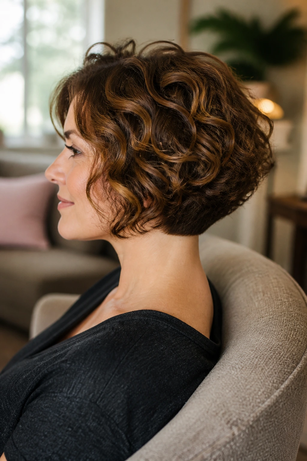 Profile view of a woman with stacked curled bob and lifted nape
