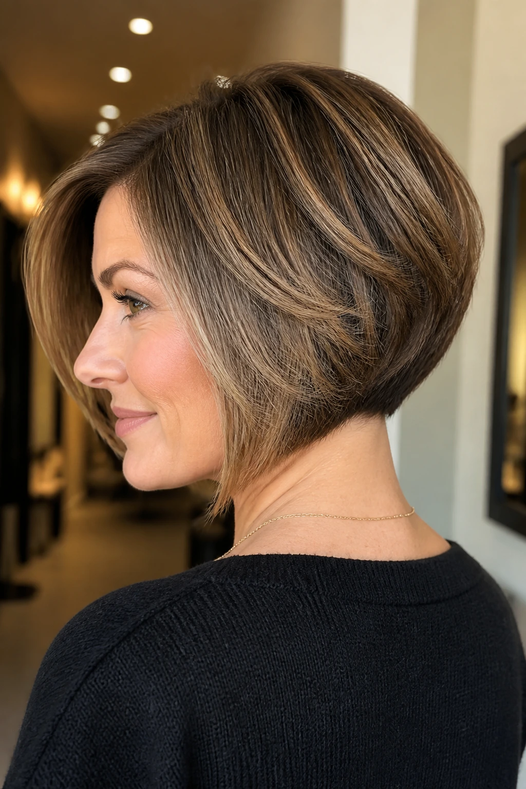 Woman showing stacked bob with lift at the nape