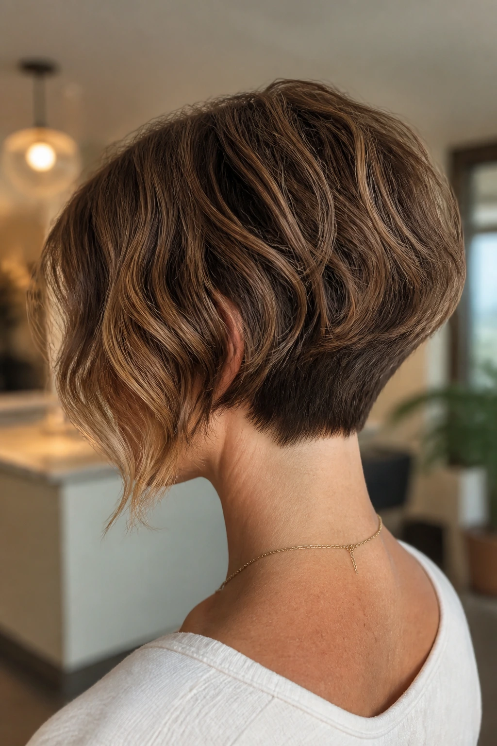 Portrait of a real person showing a stacked bob with a soft nape in ambient indoor light.