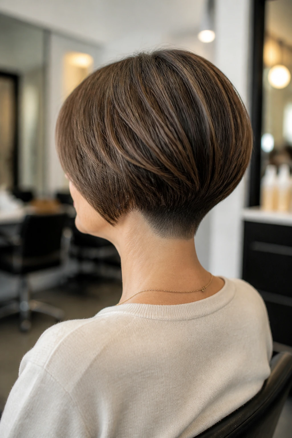 Close-up of stacked bob with light nape taper on a real person
