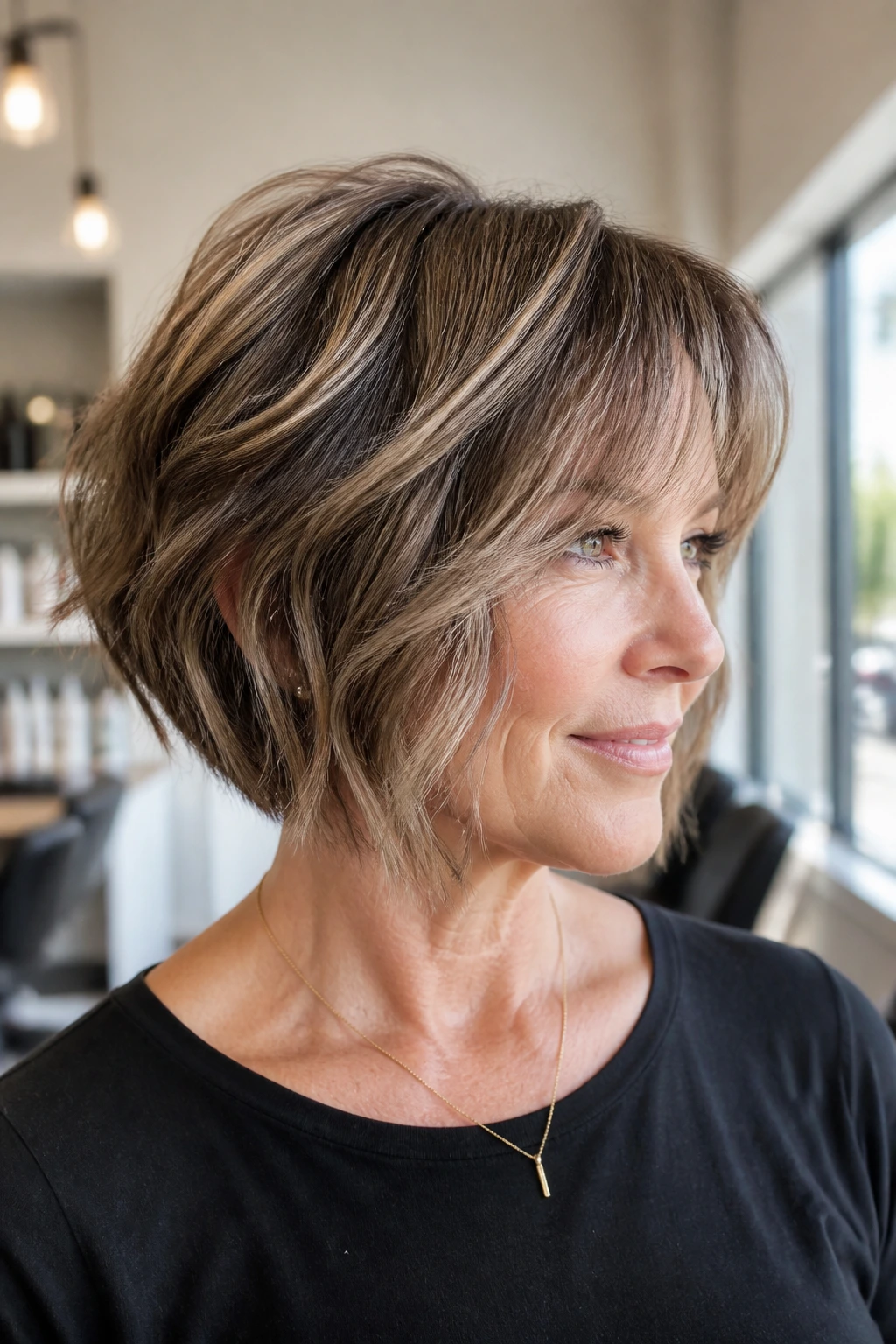 Portrait of a real woman with a stacked bob and piecey ends