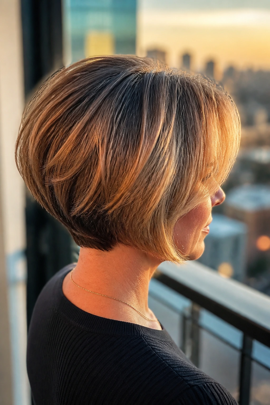 Close-up of a real woman with a stacked bob and root shadow, caramel highlights above the stack.