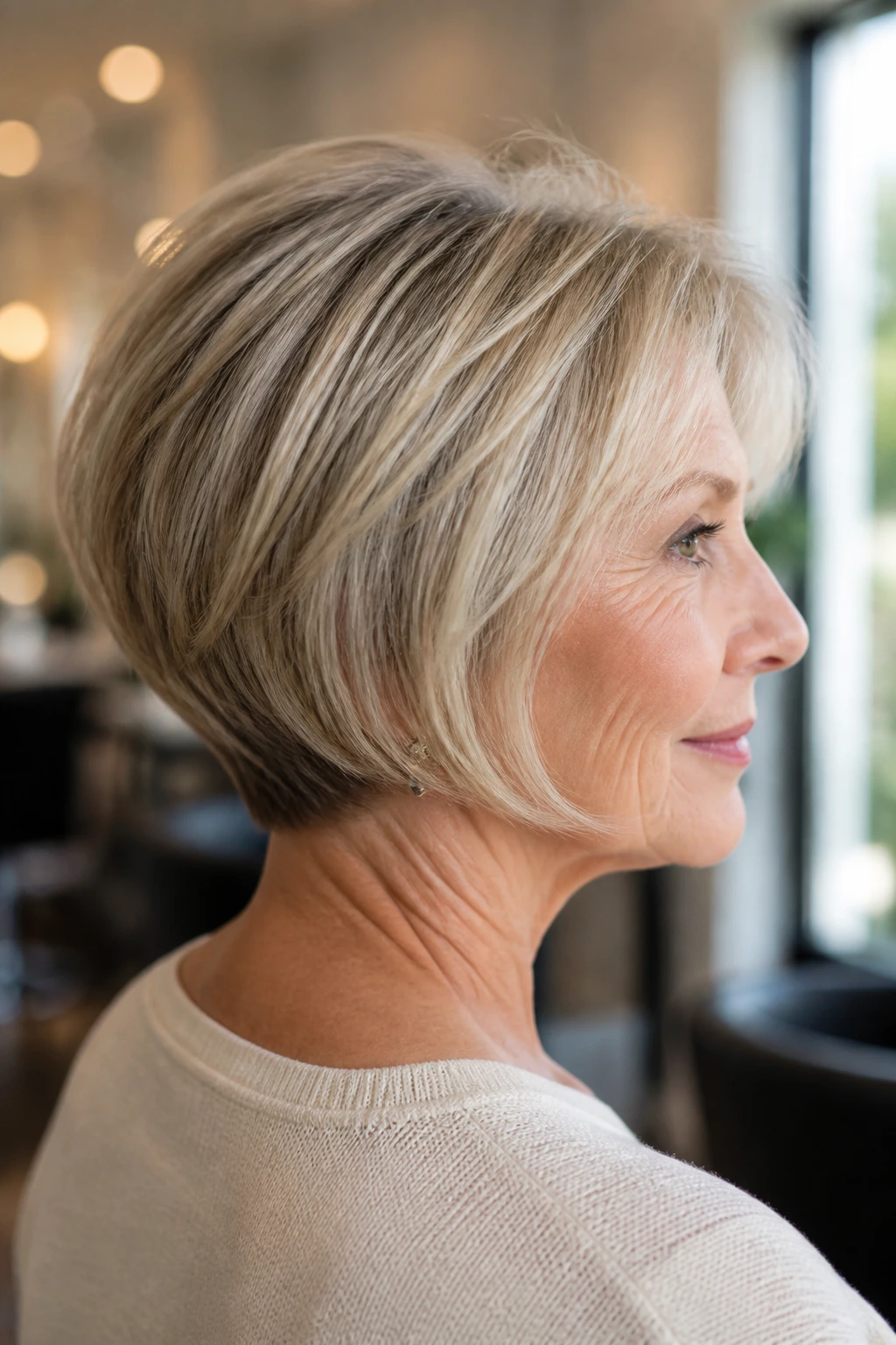 Close-up of a real woman with stacked bob and short nape, three-quarter view in natural window light