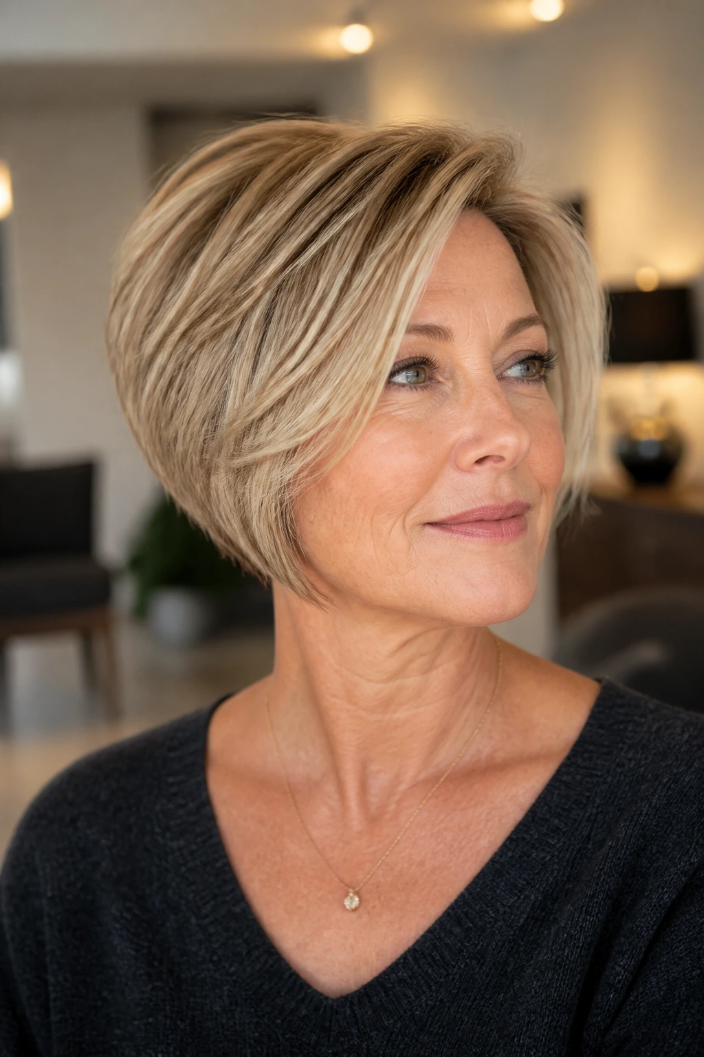 Close-up of a 50s woman with a stacked bob and side part.