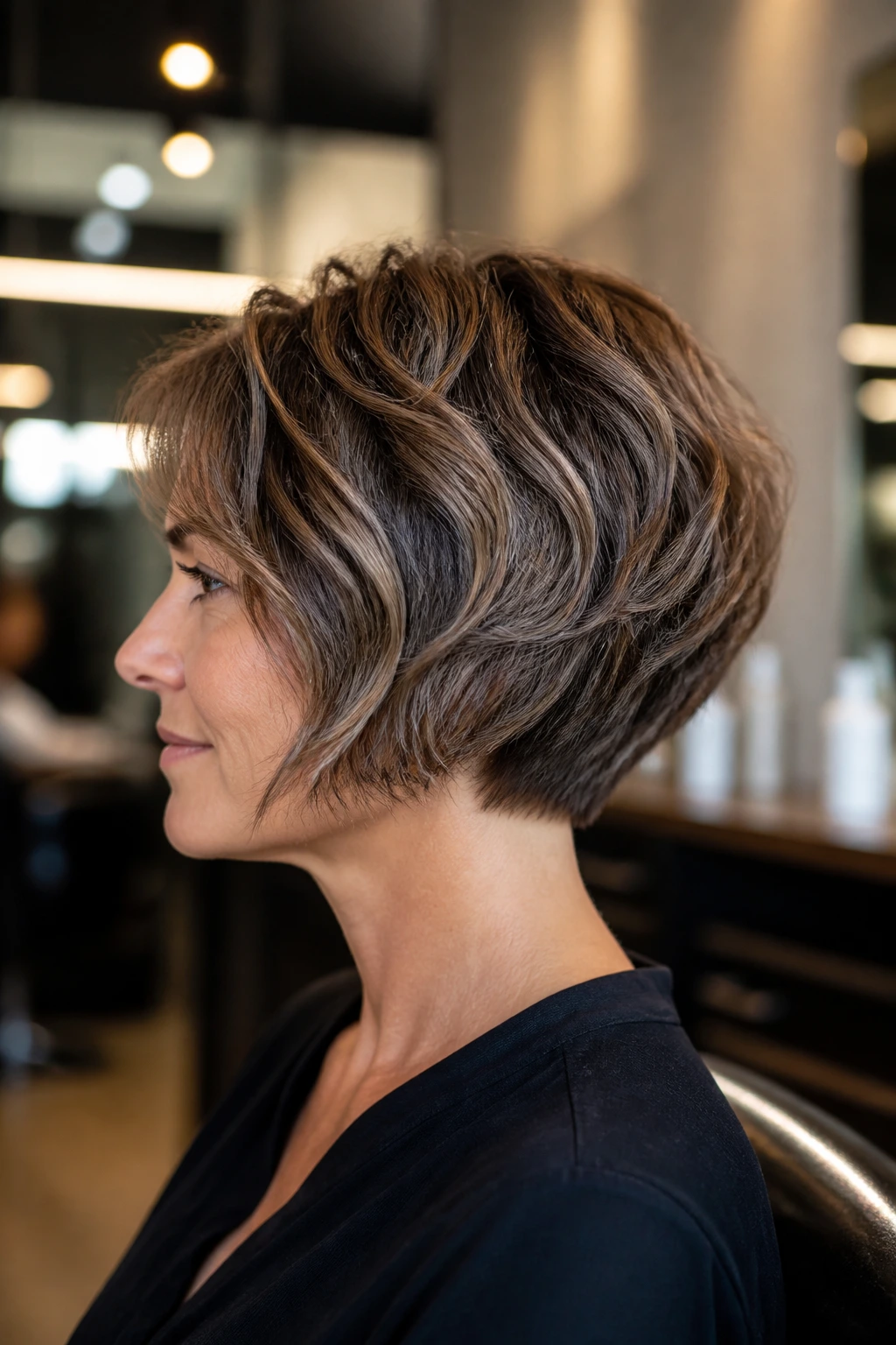 Close-up of a real person with a textured stacked bob in a salon setting