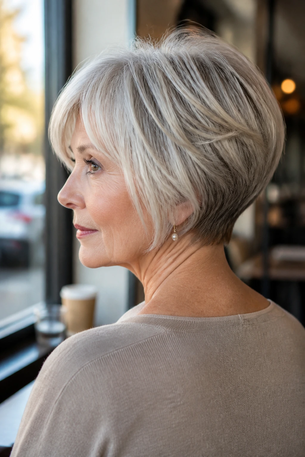 Close-up portrait of a real woman with stacked bob and slim nape