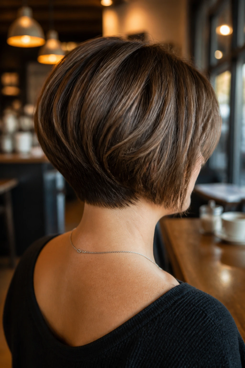 Back-of-head view of a real person with stacked bob and soft crown