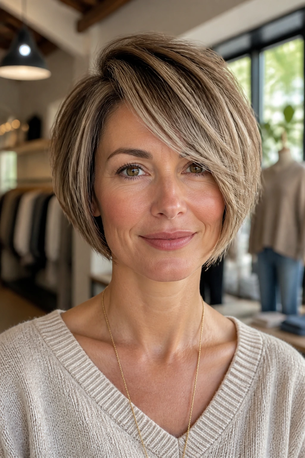 Close-up portrait of a real woman with a stacked bob and soft swing fringe.