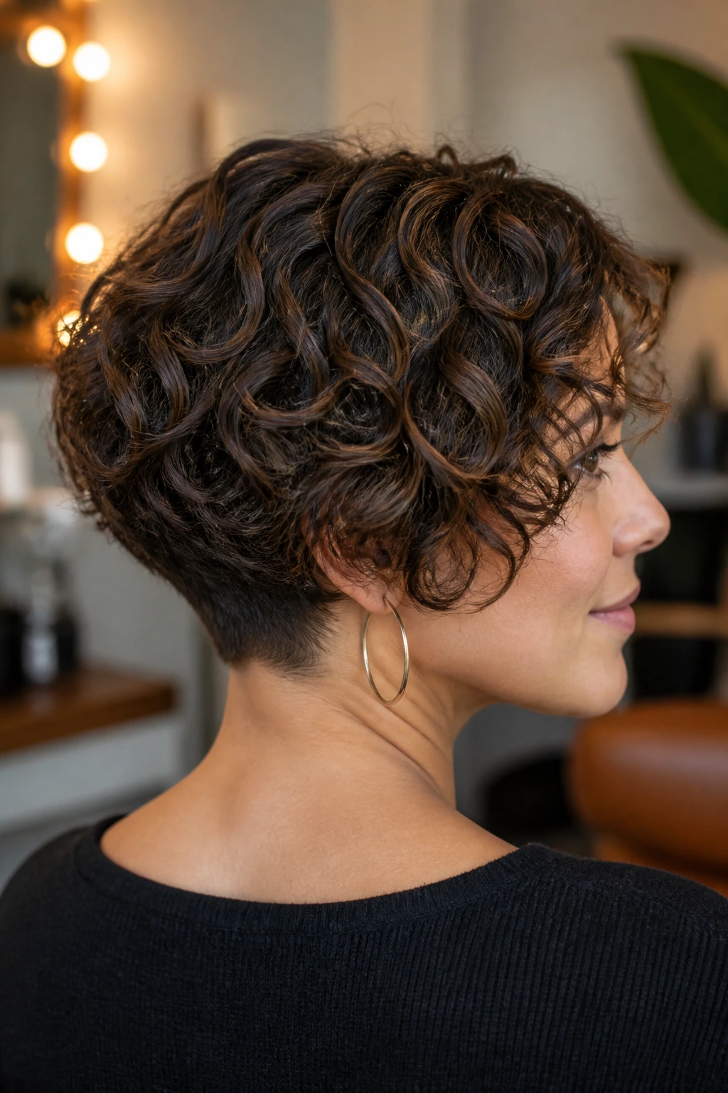 Close-up portrait of a real woman with a stacked bob and tapered nape
