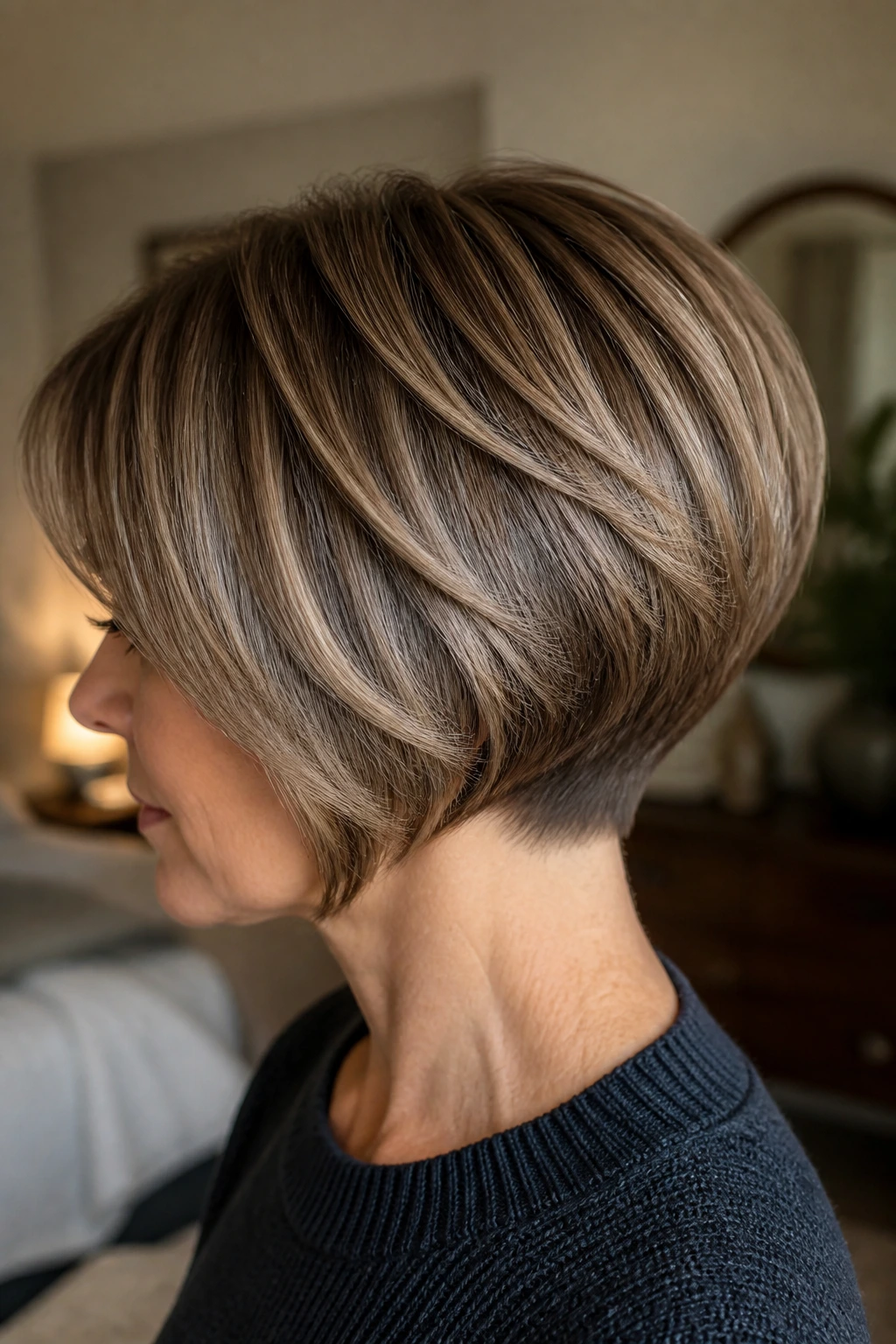 Portrait of a real woman with stacked bob and tapered nape showing light babylights.