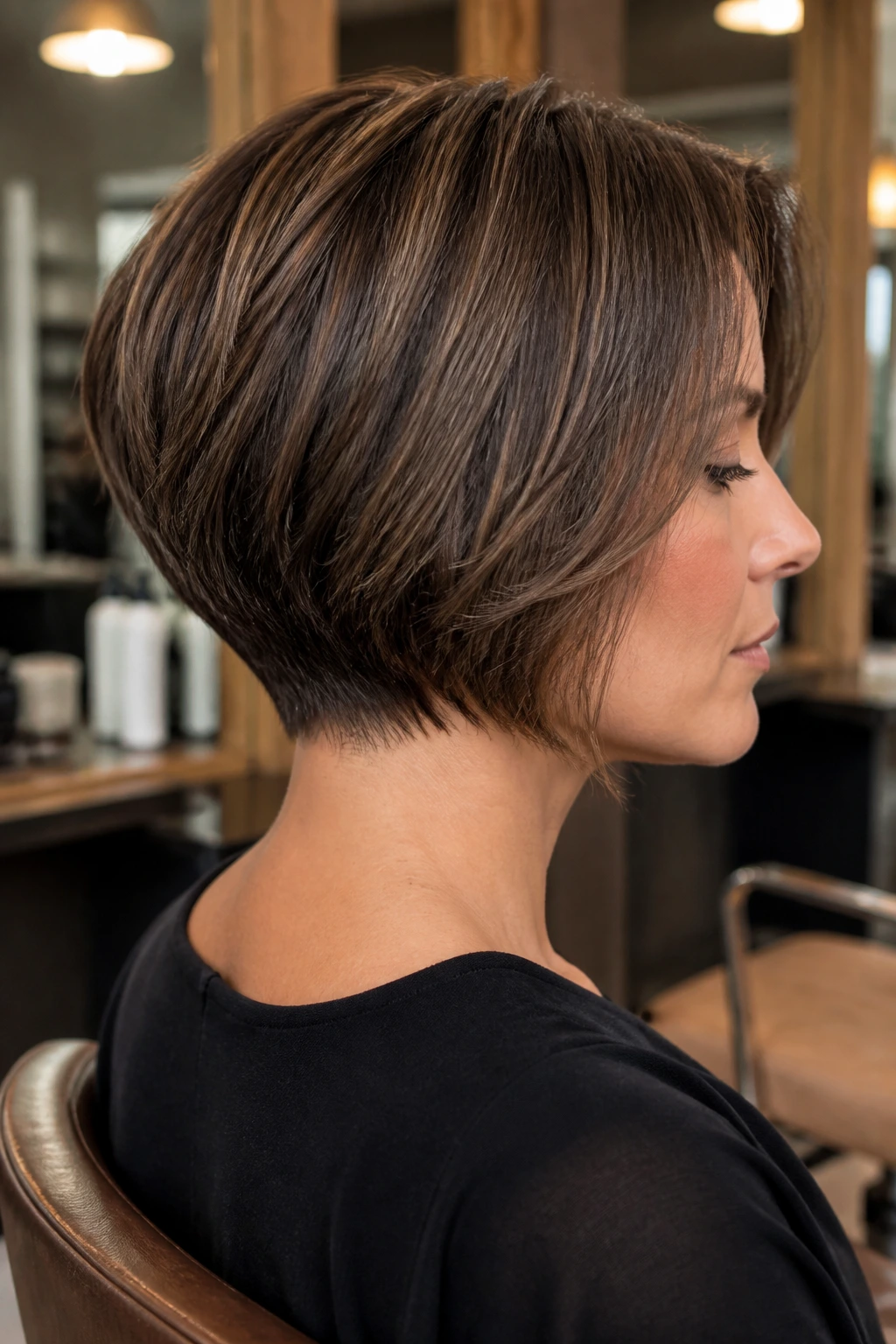 Real person with stacked bob and tapered nape