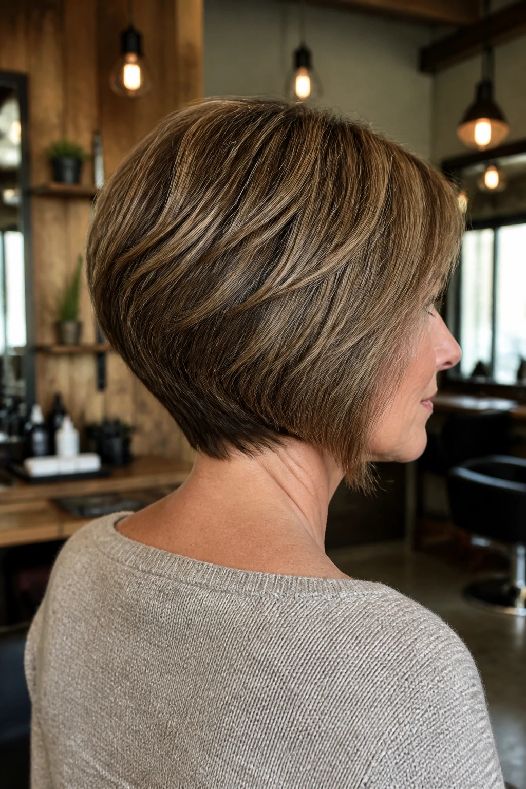 Close-up portrait of a real woman with a stacked bob featuring a full back hugging the neck in a warm salon setting.