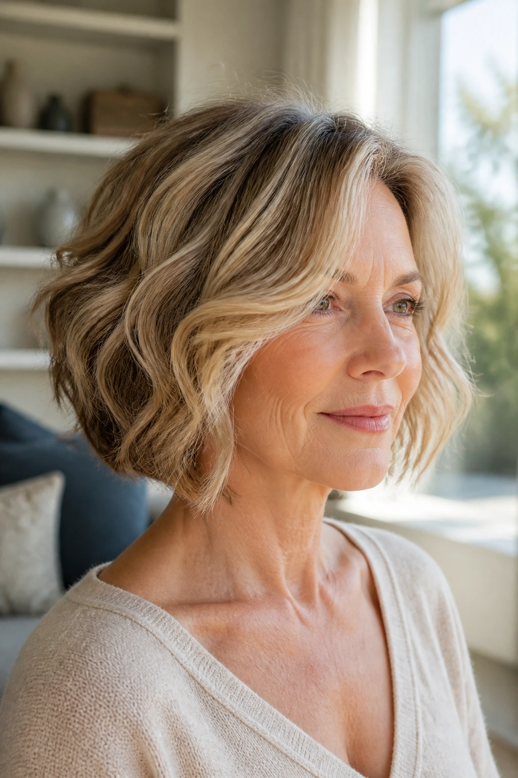 Real woman with subtle stacked bob showing crown lift in natural window light