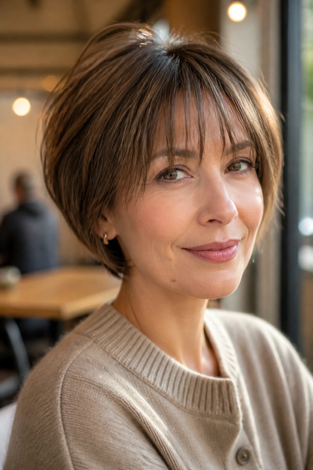 Close-up portrait of a real woman with a stacked bob and wispy fringe in warm daylight