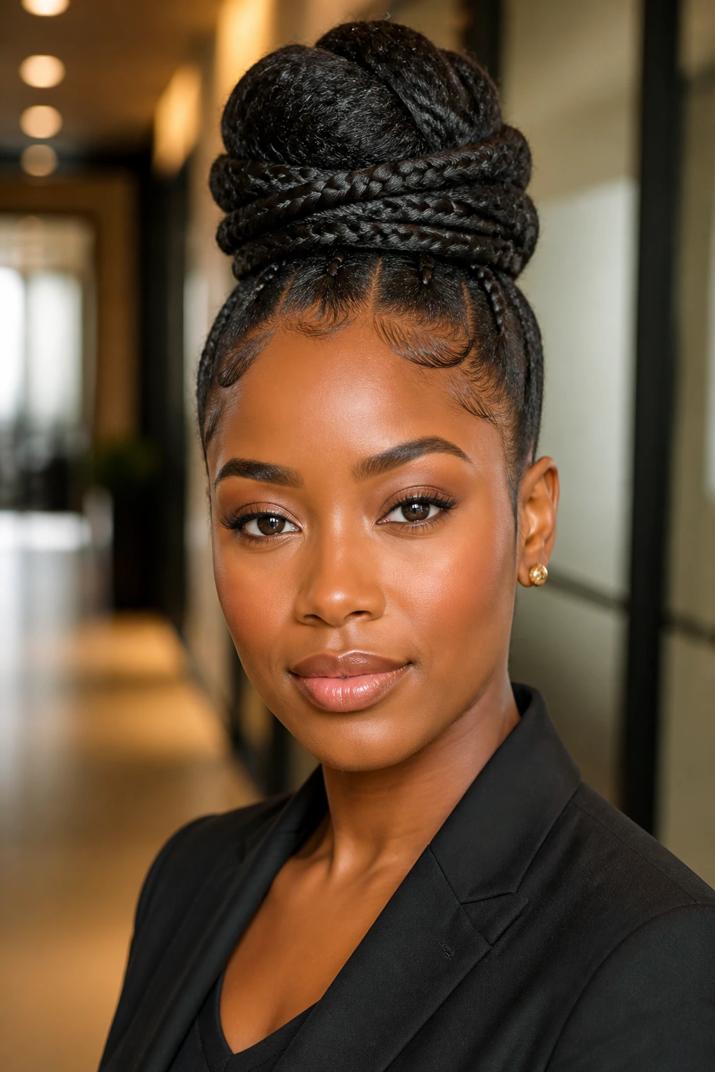 Portrait of a real woman with a stacked bun wrapped by two braids.