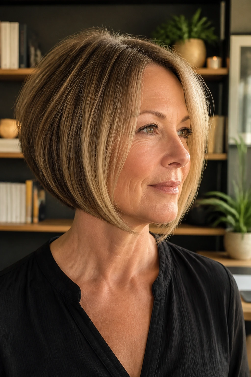 Real woman with stacked chin bob close-up