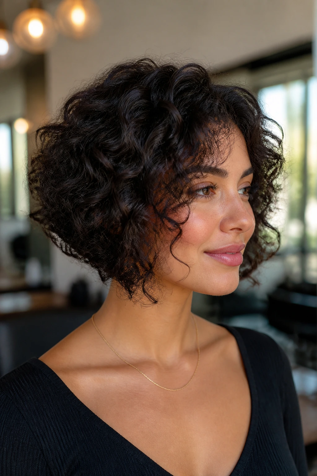 Close-up portrait of a real woman with stacked crown bob for dense curls in natural window light
