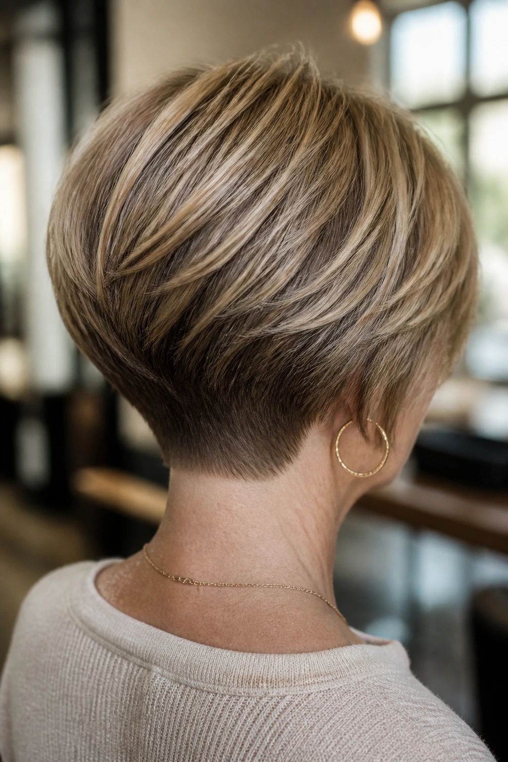 Back view of a woman showing stacked-crown bob with tapered neckline