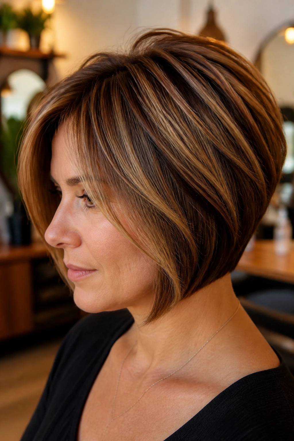 Close-up of a woman with a stacked crown bob and toffee lowlights.