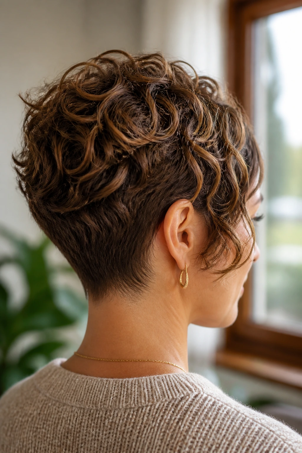 Medium close-up of a real person with a stacked crown hairstyle tucked to the side