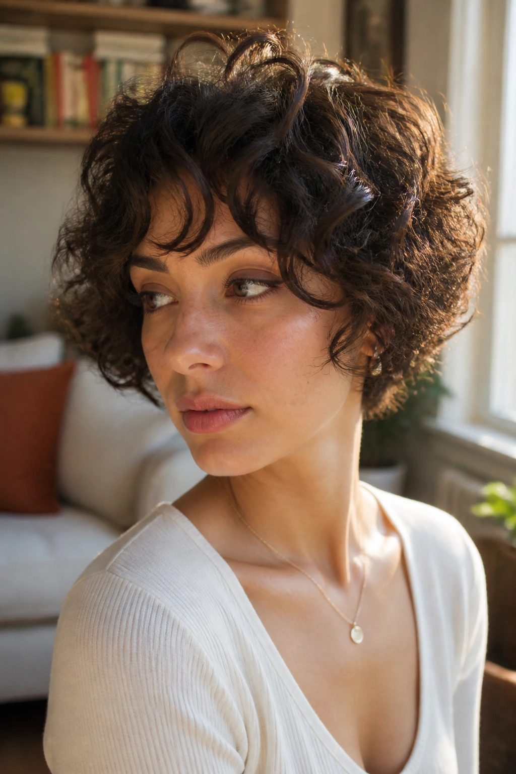Close-up of a real person with stacked curl crop and rounded back, curtain bangs