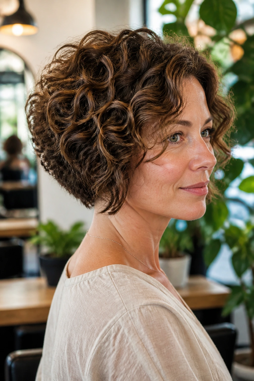 Real woman with a stacked curly bob showing back crown height.