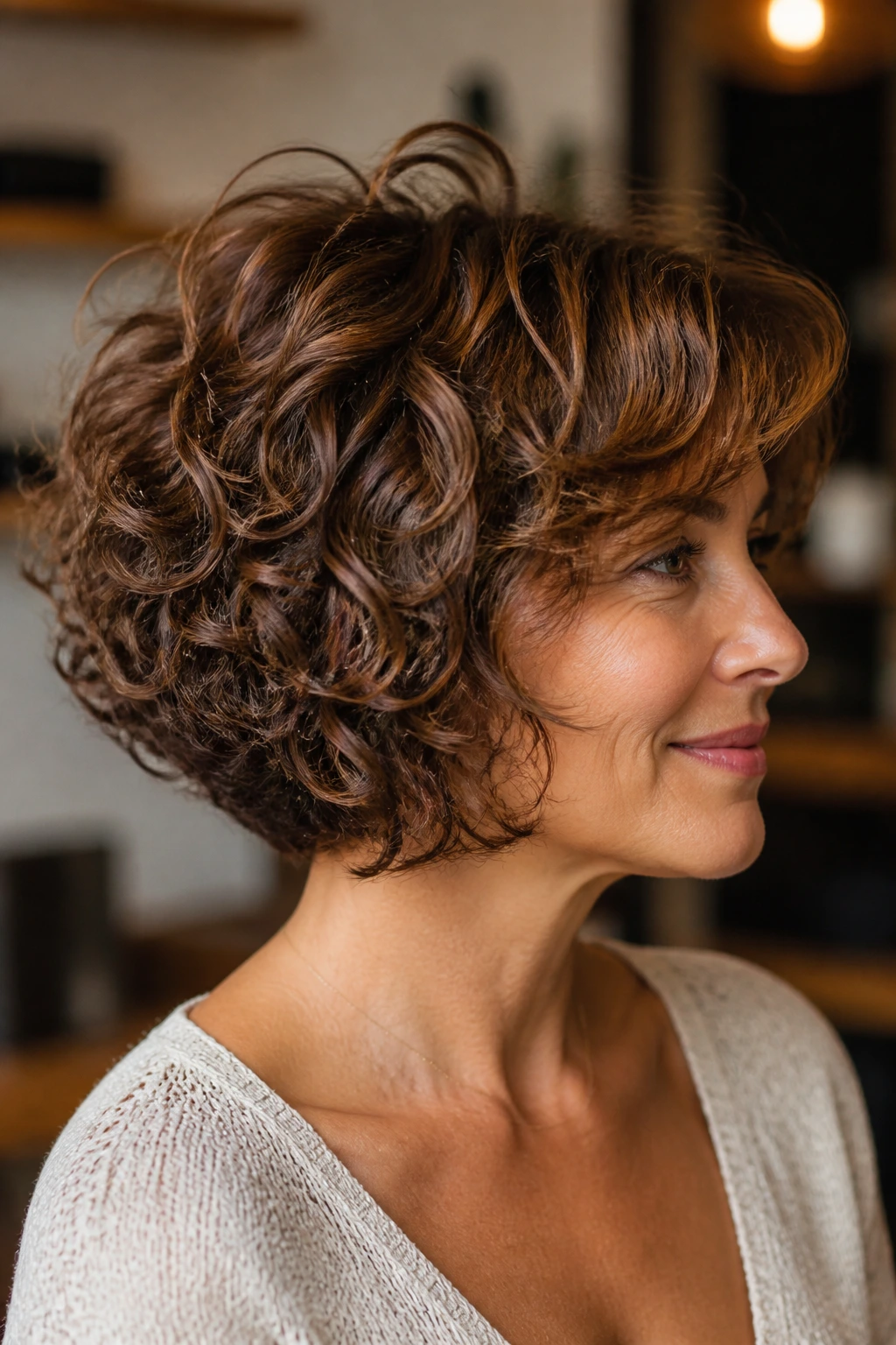 Real person with stacked curly bob and lifted crown