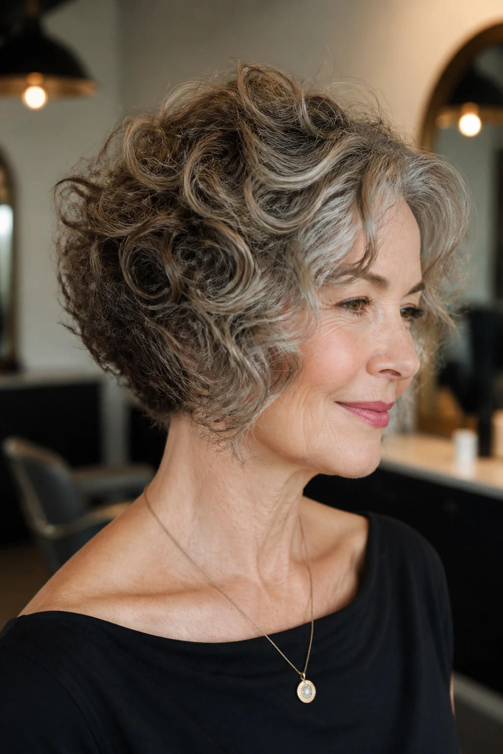Three-quarter portrait of a real woman with a stacked curly bob showing back layers