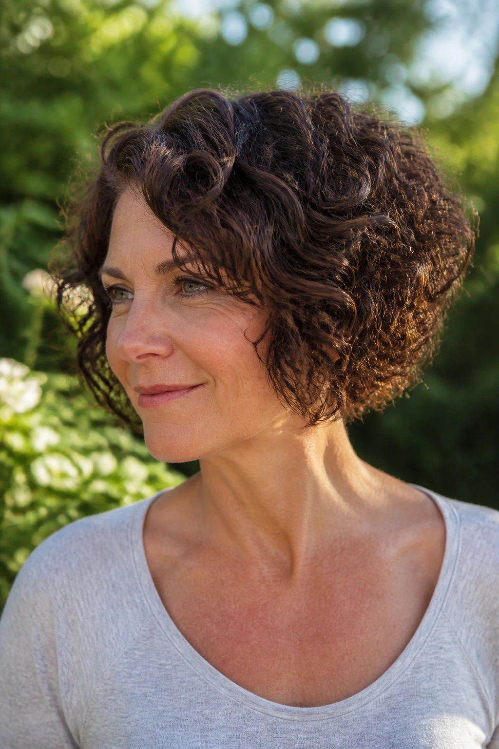 Close-up of a real woman with a stacked curly bob hairstyle
