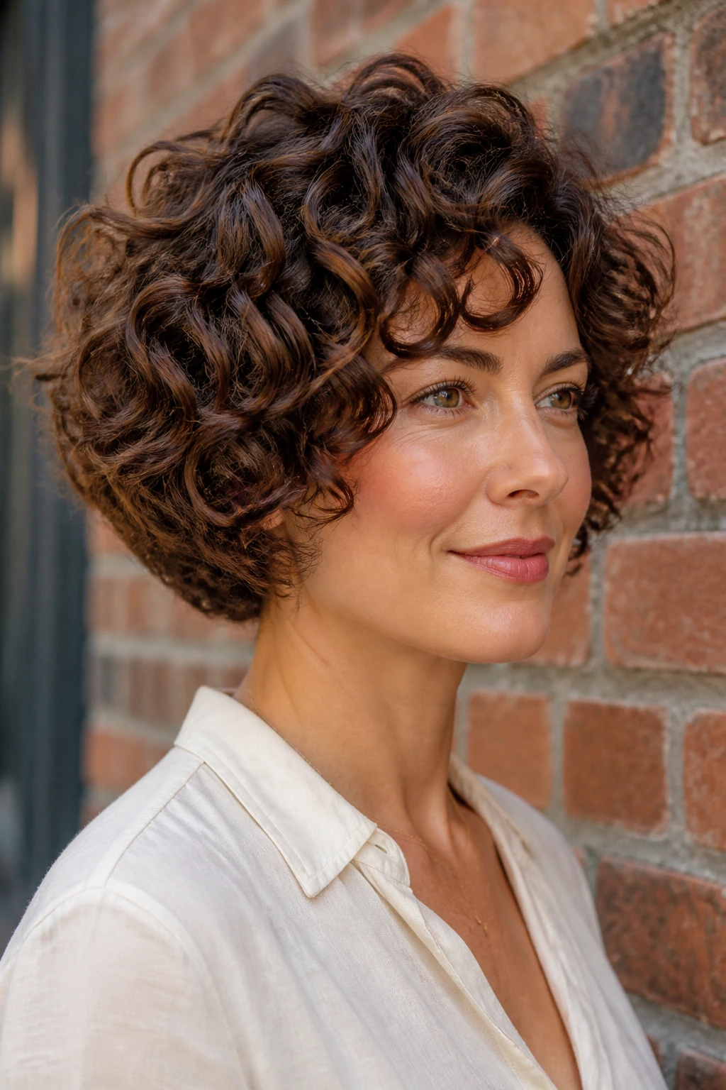 Three-quarter view of a real woman with a stacked curly bob showing lifted back layers.