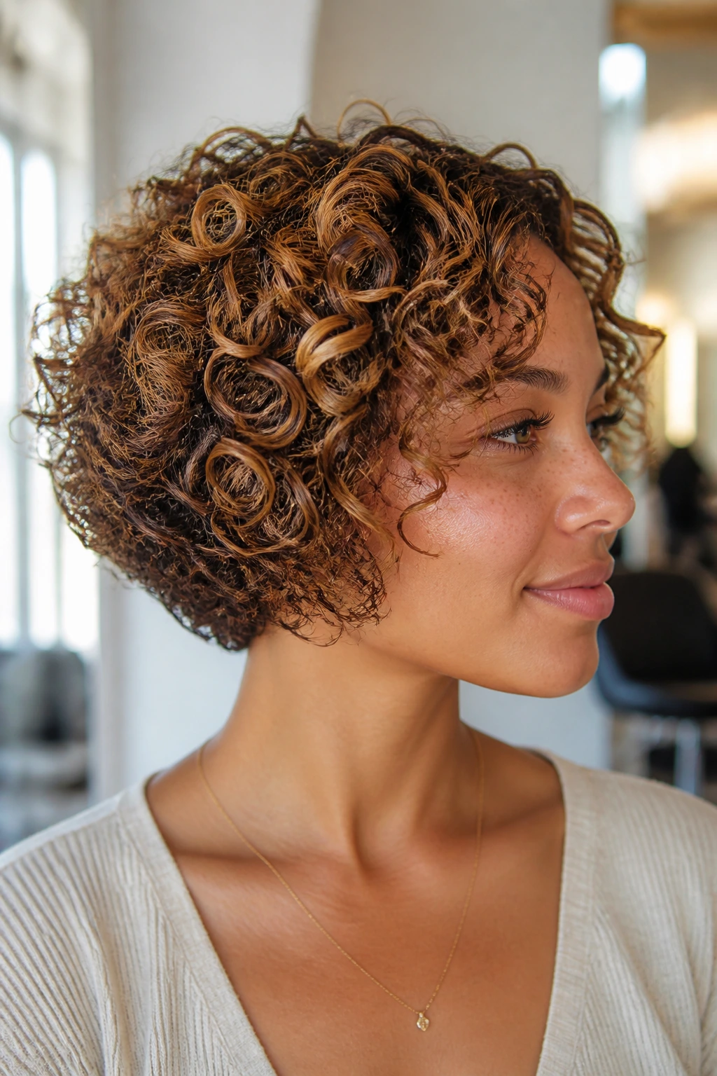 Close-up of a real woman with stacked curly bob and caramel crown highlights.