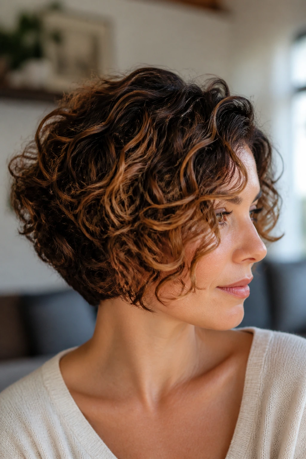 Close-up of a real woman with a stacked curly bob and warm caramel panels.
