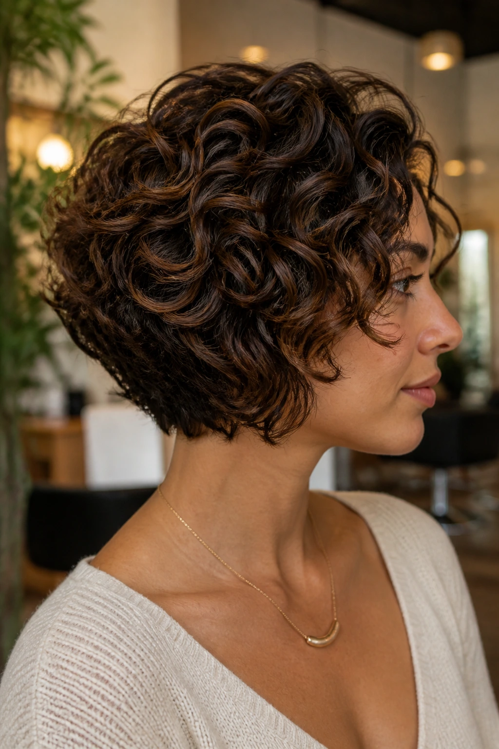 Real woman with stacked curly bob and cocoa underlayers viewed from three-quarter angle