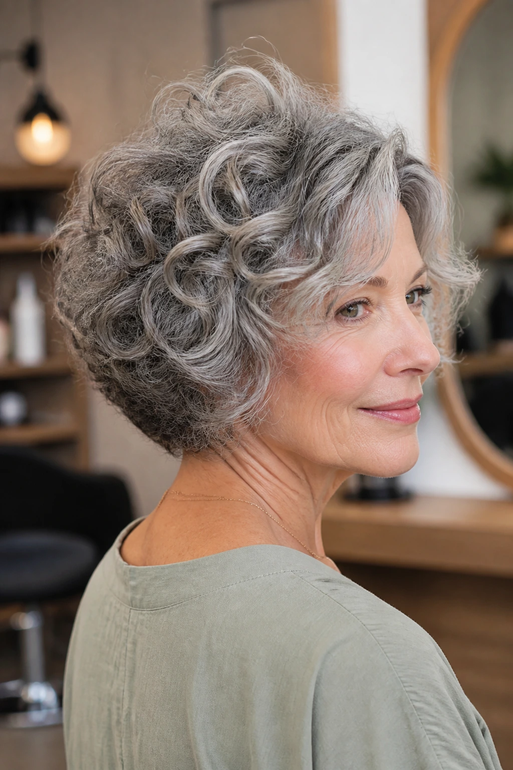 Stacked curly bob with lifted crown on real person in a salon