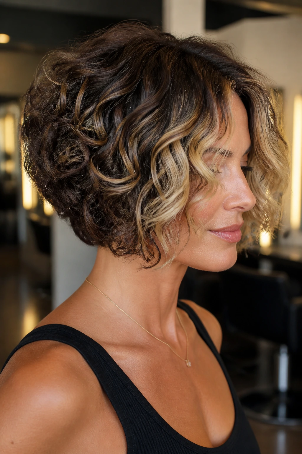 Close-up of a real woman with stacked curly bob espresso roots light front pieces