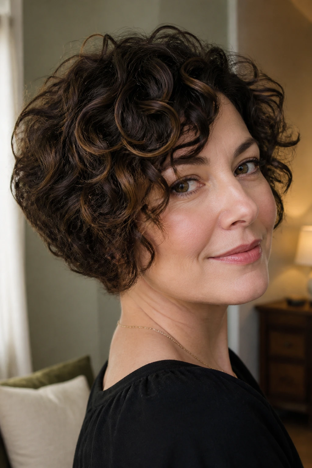 Close-up of a real person with a stacked curly bob and espresso-brown lowlights in warm indoor light